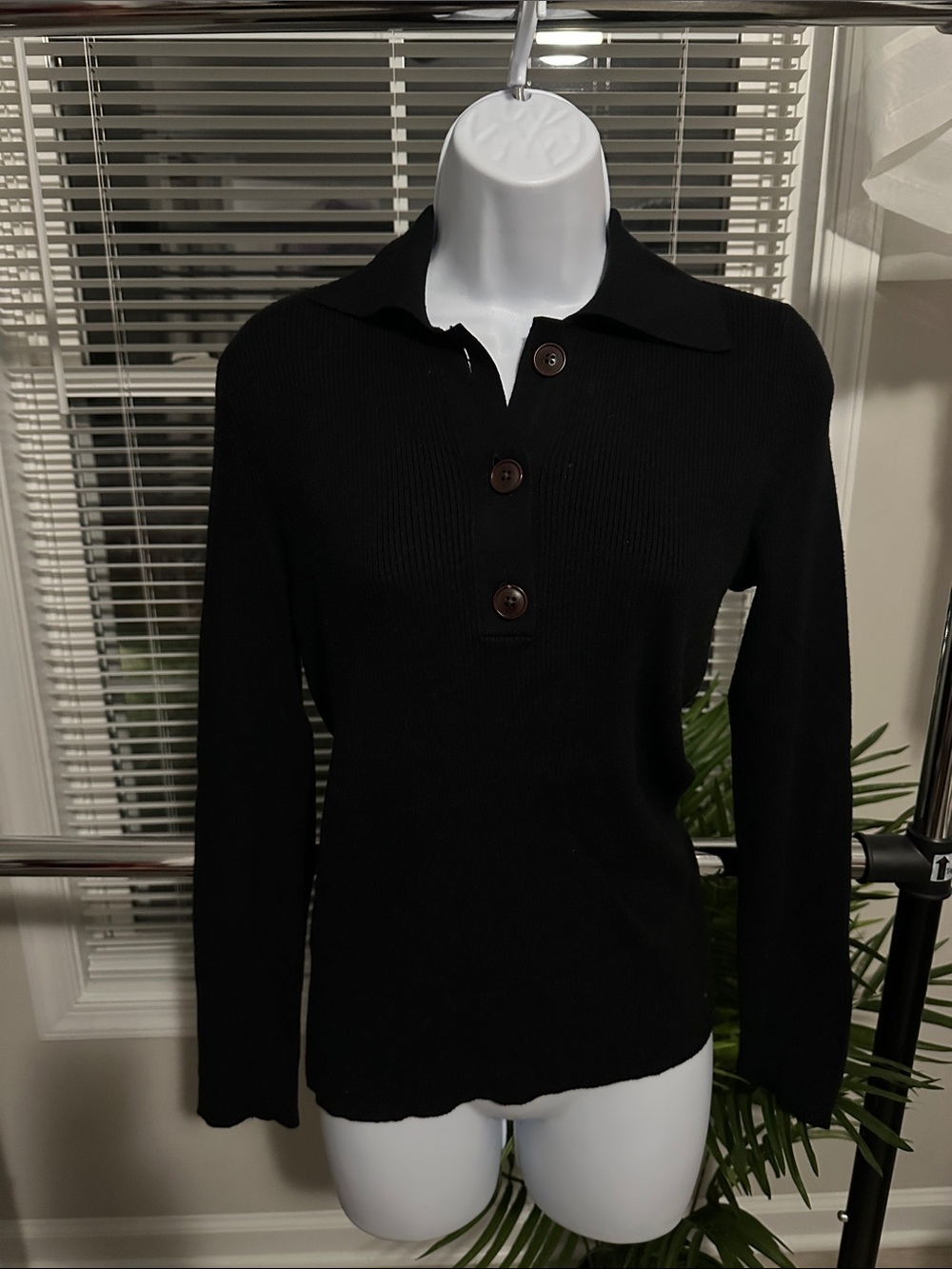 Banana Republic Black Ribbed Polo Button-Front Sweater